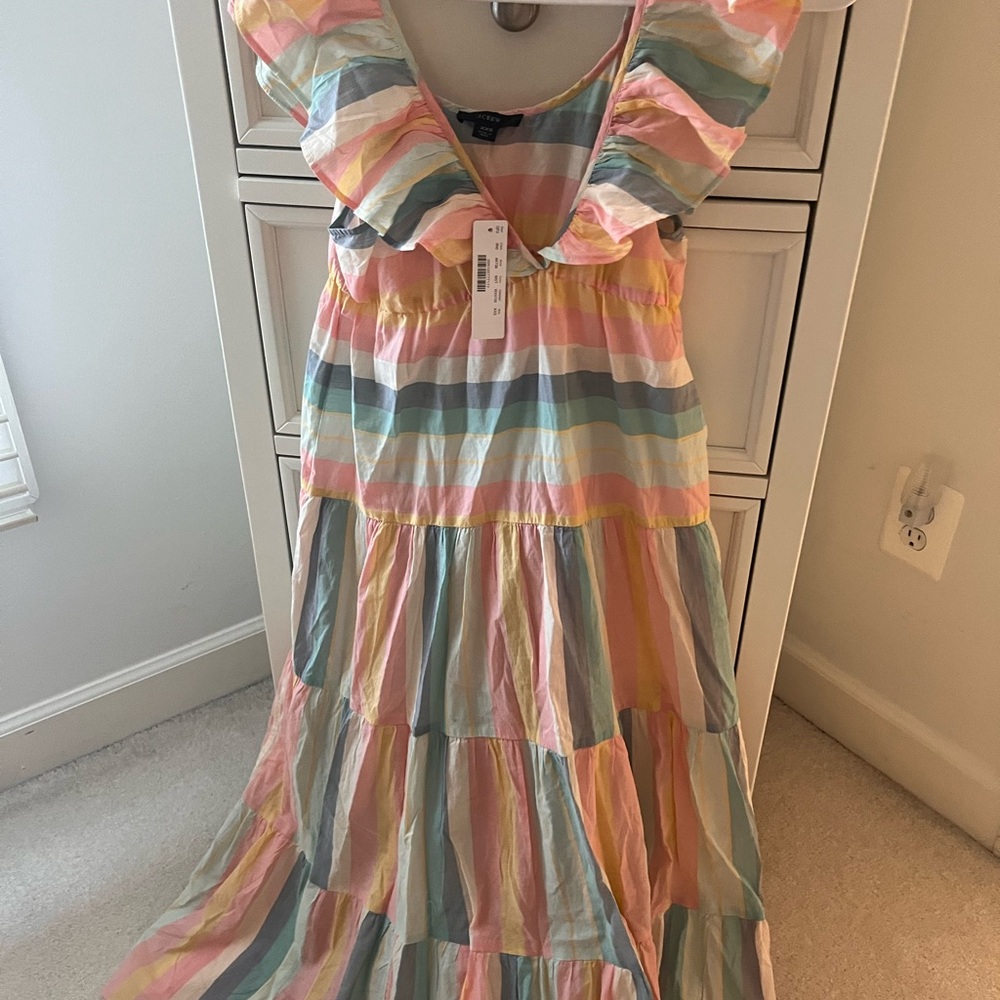 J. Crew Pastel Multi-Striped Ruffle Maxi Dress